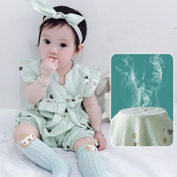 

jumpsuits baby princess one-piece children's 2021 summer girl cotton thin short-sleeved fashion printed bow casual kid's romper xb, Blue