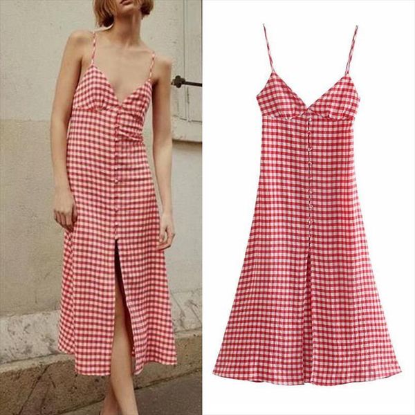 

za summer fashion youth womens dress plaid elegant sling v neck women casual chic street party, Black;gray