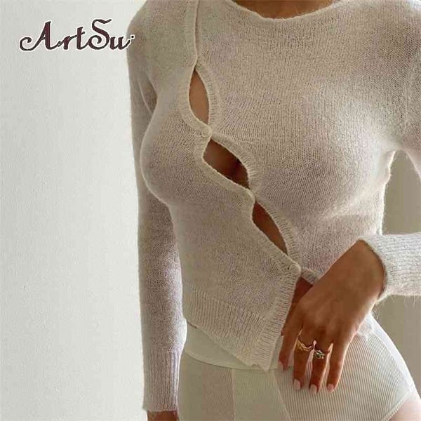 

artsu chic fashion long sleeve women's cut-out fall round neck button up slim clothing streetwear 210324, White
