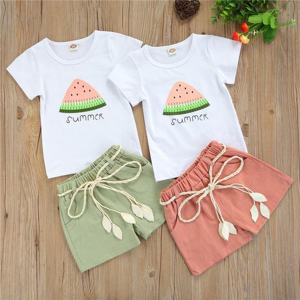 

clothing sets lovely girls kids suit set watermelon print round neck short sleeve + solid color shorts for summer, White