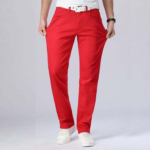 

men's jeans autumn red classic style straight elasticity cotton denim pants male brand white trousers 4kfq, Blue