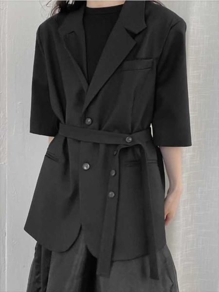 

women's suits & blazers ladies short sleeve suit jacket summer black lapel strap buckle loose fashion versatile wear, White;black