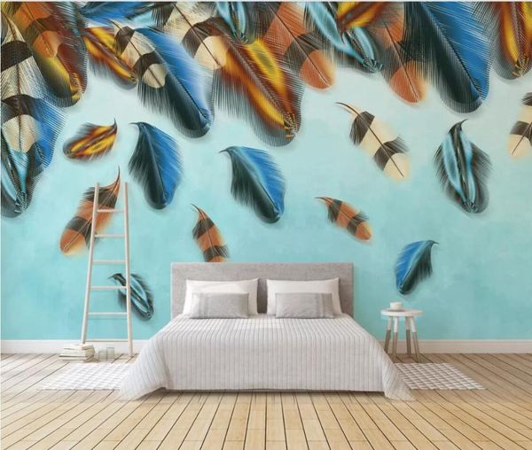 

wallpapers 3d colorful feather wallpaper with blue background art wall mural painting contact paper roll po customize
