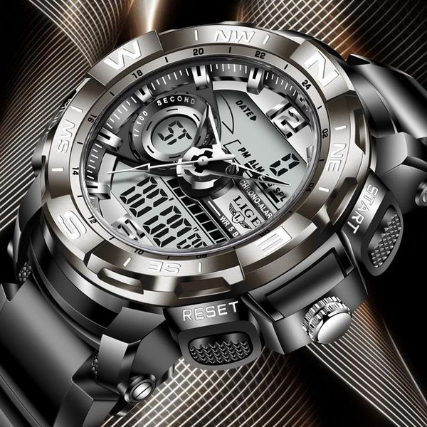 

wristwatches mens watches lige 2021 silicone strap men quartz wristwatch creative diving waterproof alarm watch sport dual display clock+box, Slivery;brown