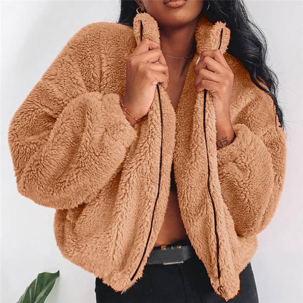 

women's fur & faux autumn winter warm teddy coat women fluffy jacket zipper plush thick casual plus size lamb overcoat female a50, Black