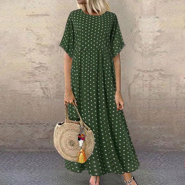 

casual dresses plus size summer dress women's retro short sleeve polka dot print maxi causal beach long vestidos robe femme 5xl, Black;gray