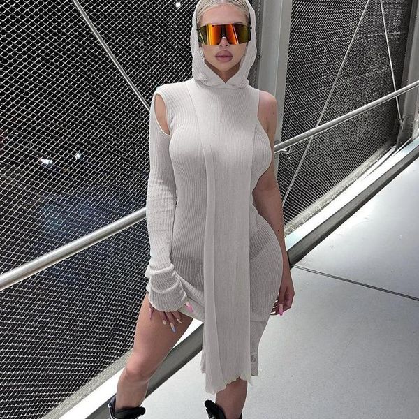 

casual dresses knitted long sleeve women's dress solid one shoulder autumn for women 2021 club hooded mini bodycon woman, Black;gray