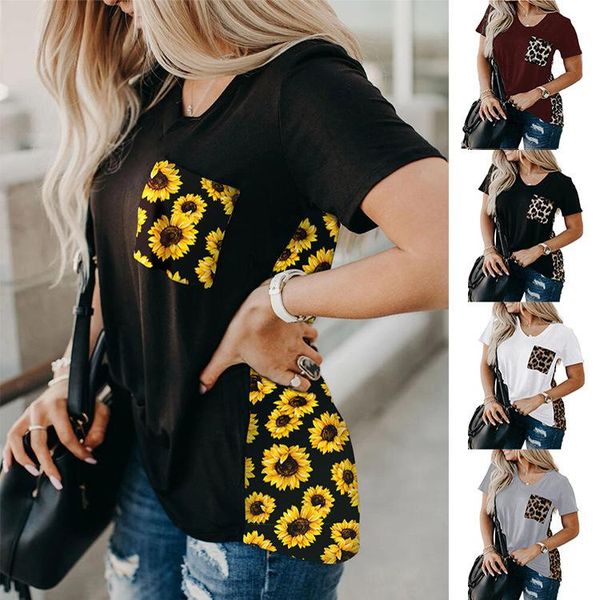 

women's t-shirt sunflower patchwork women tshirt harajuku large size leopard print short-sleeved pockets streetwear vintage t-shirts, White