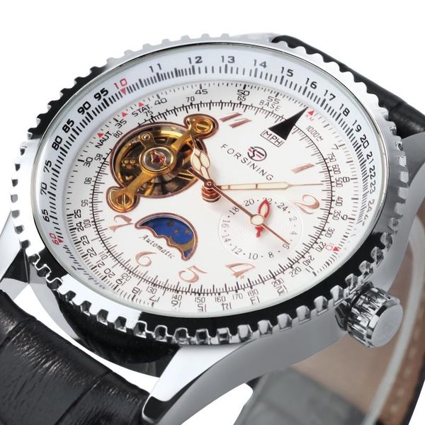 

wristwatches forsining classic automatic mechanical mens watches moon phase sub-dial tourbillon watch leather strap relogio, Slivery;brown