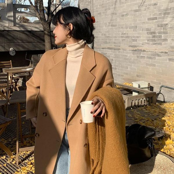 

women's wool & blends loose double-sided tweed medium and long knee length woolen coat clothing autumn winter 2021 fashion, Black