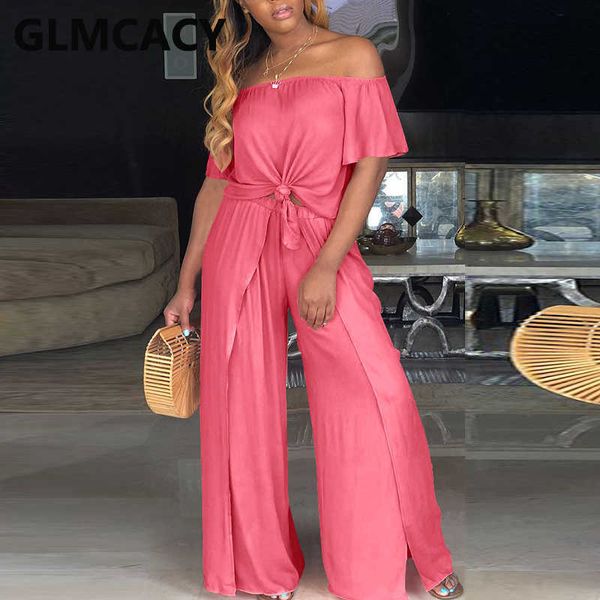 

two piece solid suits off shoulder shirt & loose wide leg pants set 210702, White