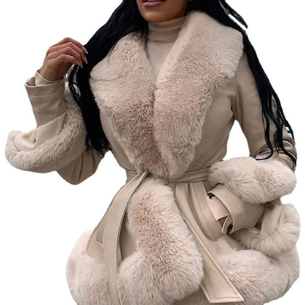 

women's leather & faux womens coats short jackets women fashion tie belt waist elegant side pockets fur female ladies, Black