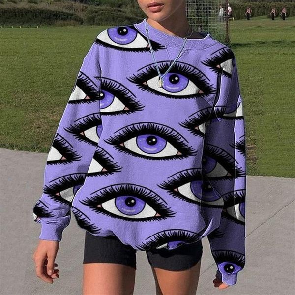 

purple eyes print oversized crewneck sweatshirt women loose vintage thin long sleeve streetwear 2021 spring fall fashion clothes women', Black