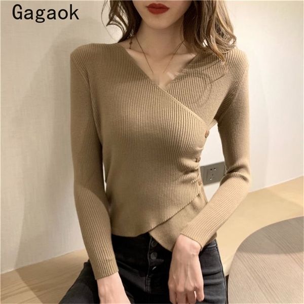 

sweater women spring autumn vintage v-neck short solid button knit sweaters slim simple fashion wild pullovers 210531, White;black