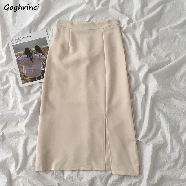 

skirts women bodycon mid calf slim high waist split casual elegant office ladies bottom skirt all-match ulzzang ol simple summer, Black