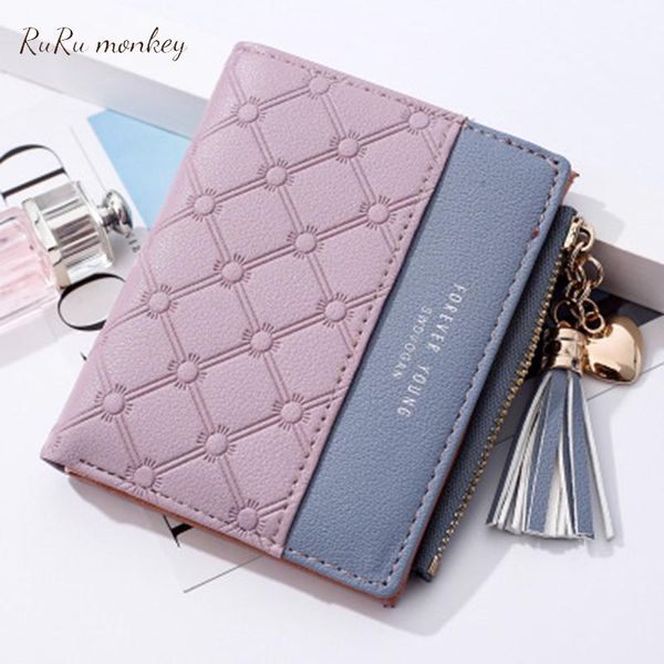 

wallets ruru monkey women short wallet female 2 fold tassels multi-function large capacity fashion card holder purse bag, Red;black