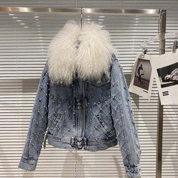 

women's jackets prepomp 2021 fall winter long sleeve lambwool fur collar rhinestone buttons removable cotton liner denim jacket women c, Black;brown