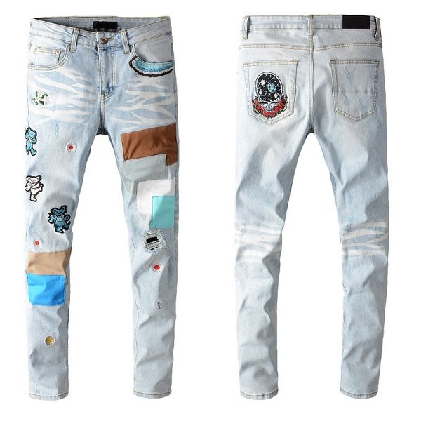 

fashion mens casual pants slim retro skinny jeans for man modern designer patchwork ripped men hip hop biker light denim rock revival jean, Blue