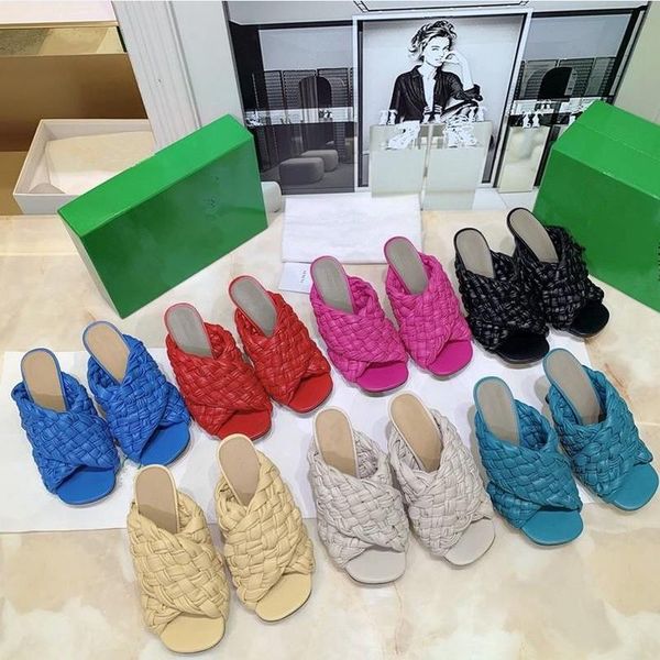 

women's weave slippers high heel open toe mules sandals thin ladies designer shoes women original brand, Black