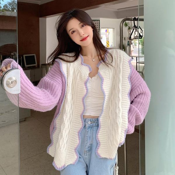 

women's knits & tees herstory womens autumn loose fit knitted purple cardigan sweater long-sleeve v neck office lady argyle plaid sweat, White