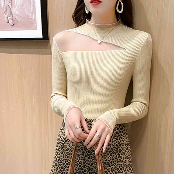 

women's sweaters knitted-shirt shintime with long transparent sleeve, women's knitted-out clothes half a turtleneck and for fall,, White;black