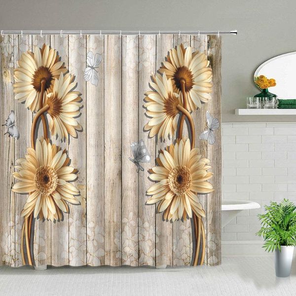 

shower curtains old fashioned retro wood grain sunflower flowers bathtub decoration cloth waterproof bathroom bath curtain set