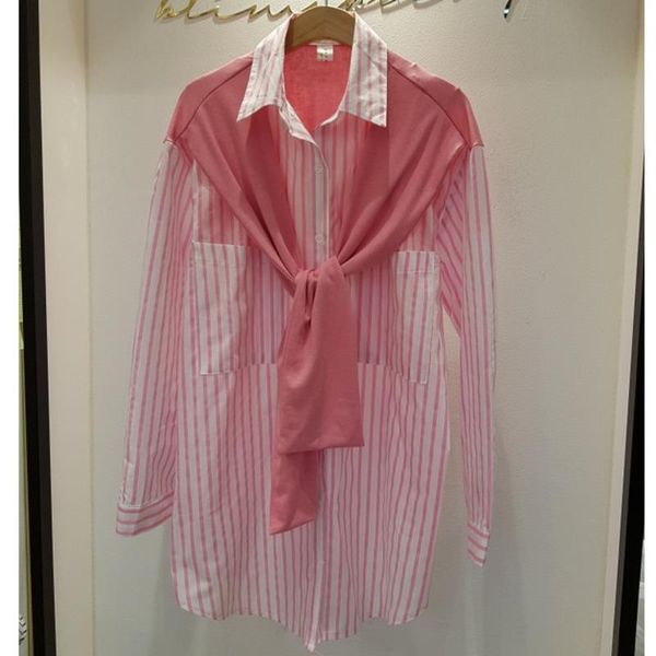 

[ewq] 2021 autumn women shawl stitching striped long-sleeved lapel shirt fake two casual fashion shirts blouses ladies 920 women's &, White
