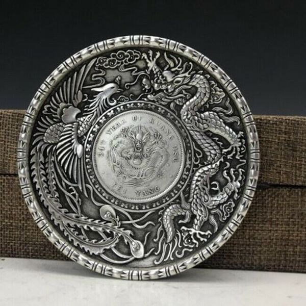 Padrão de dragão de mão chinês esculpido tibet prata cobre o prato te