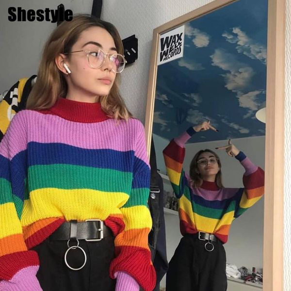 

shestyle turtleneck striped rainbow autumn winter oversize long sweater women 2021 winter elastic outwear knitted by air, Black;white