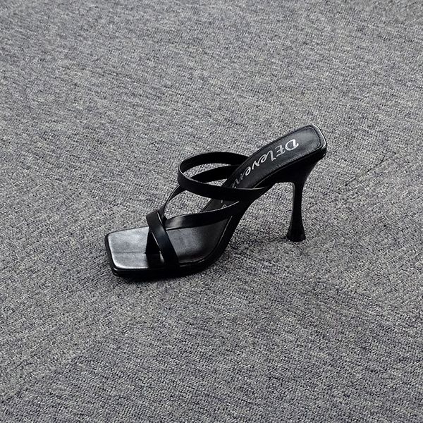 

summer new fashion women mules high heels slippers sandals square open-toed heel shoes, Black
