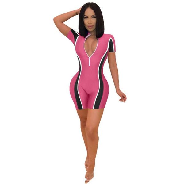

women's jumpsuits & rompers nice women v neck bodysuit print patchwork autumn clothing wear slim short sleeve bodycon jumpsuit, Black;white
