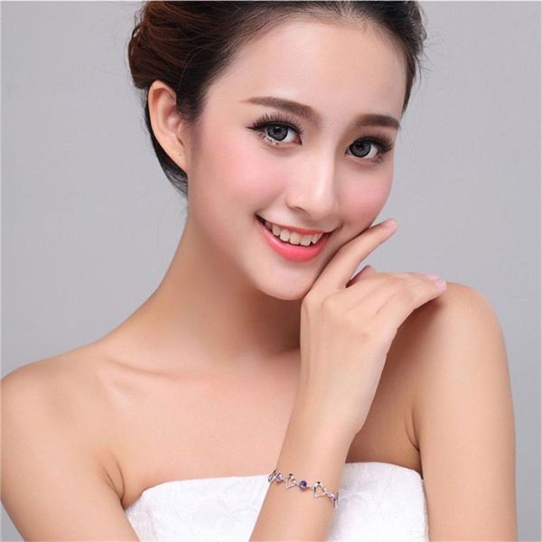 

link, chain fashion decoration engagement birthday gift heart bracelet women jewellery 925 sterling silver purple zircon, Black