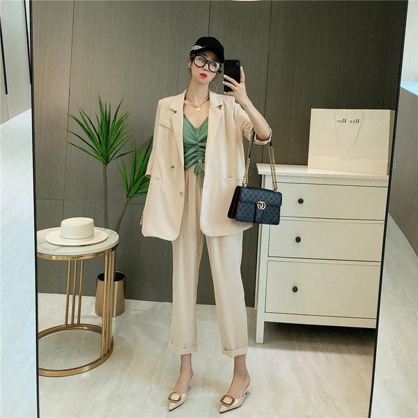 

women's tracksuits fashion ol style back split blazers jacket elastic pants two pieces set vintage single breasted casual sets loose su, Gray
