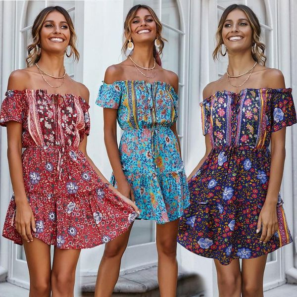 

women's pants & capris spot bohemian cross-border skirt sweet off-shoulder chest drawstring floral printed dress summer, Black;white