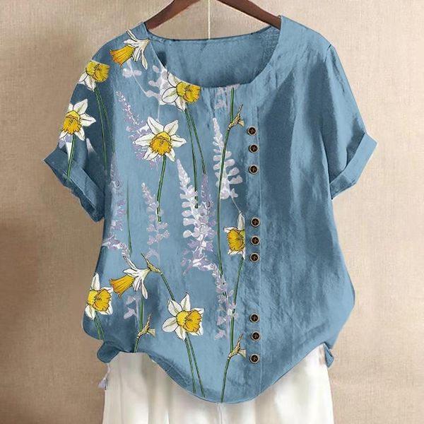

women's blouses & shirts blouse summer vintage casual round neck short sleeve cartoon flower print loose shirt blusas clothes tunic, White