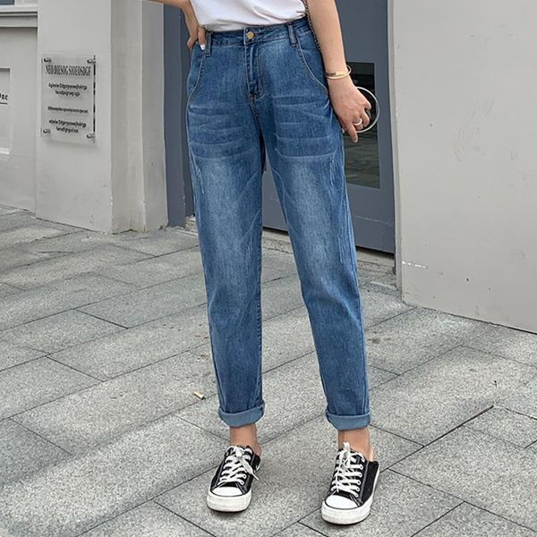 

casual denim loose women jeans high waist plus size l 8xl trousers thin cotton carrot fashion pants, Blue