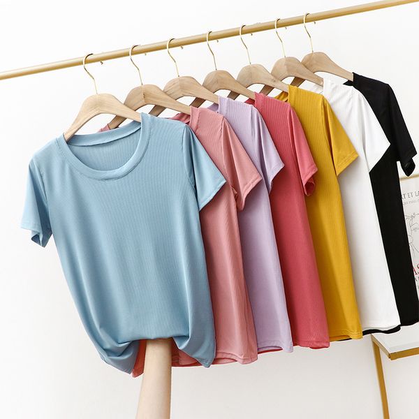 

women's t shirt smooth tencel round neck short sleeve korean candy color loose basic edition bottom coat straight tube top, White