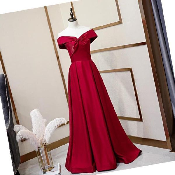 

burgundy sweet bow trim evening party dress women elegant floor-length banquet gown off shoulder exquisite pleated dresses ethnic cloth, Red