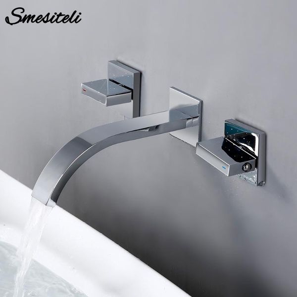 

bathroom sink faucets polished chrome brass siamese double hole wall embed mounted cold mixed waterfall bathtub filling faucet