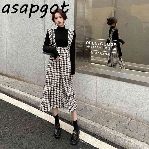 

temperament slim plaid tank dress women autumn winter retro mermaid turtleneck puff sleeve tshirt fashion 210429, Black;gray