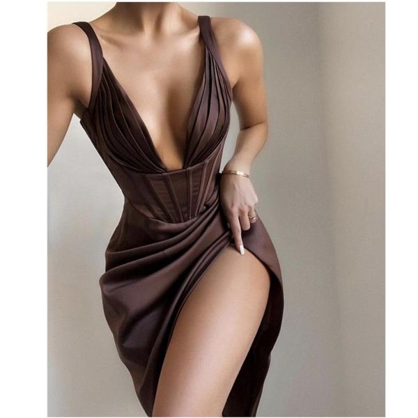 

casual dresses ladies women spring v neck split brown midi lady dress 2021 designer fashion evening party vestido, Black;gray
