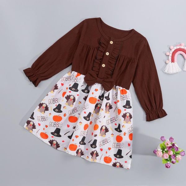 

girl's dresses baby thanksgiving long sleeve dress with cartoon pattern bow decoration ruffle buttoned clothing from 18m to 4y, Red;yellow