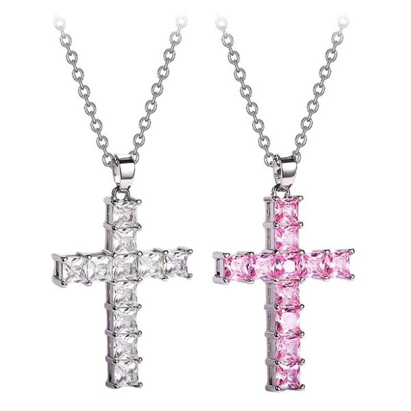 

pendant necklaces female cross necklace inlaid white/pink/gold color cubic zirconia fashionable versatile women for party jewelry, Silver