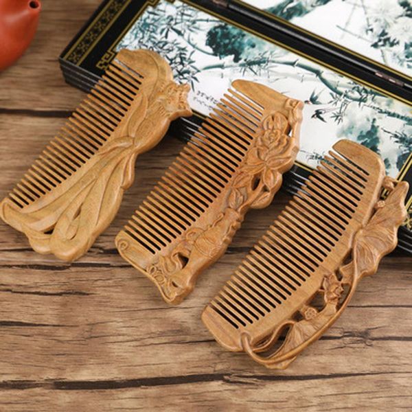 

hair brushes boutique hand-carved sandalwood craft comb argentina natural green embossed wooden anti-static gift, Silver