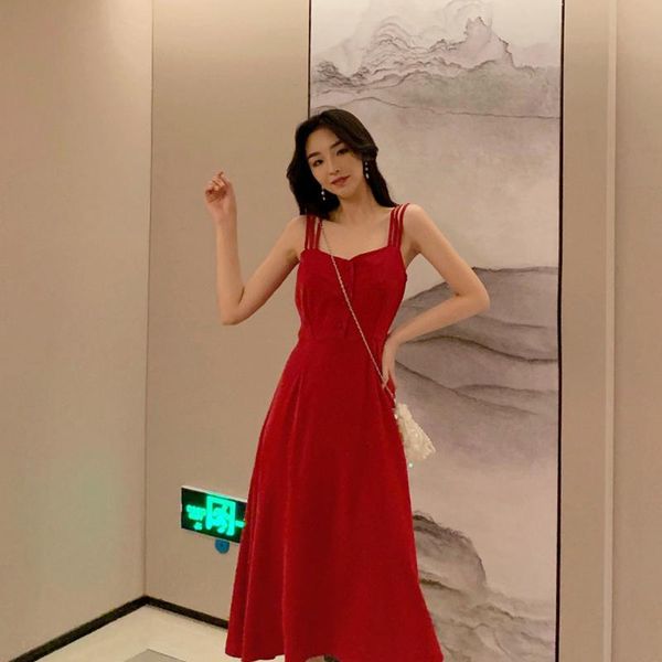 

casual dresses women clothes solid square collar spaghetti strrap single breasted slim sweet elegant dress 2021, Black;gray