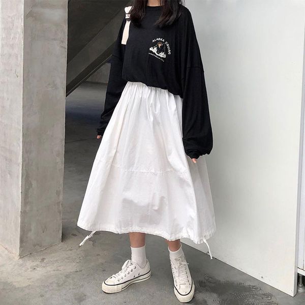 

skirts loose casual high waist drawstring summer 2021 streetwear outdoor travel trendy long korean female school skirt, Black