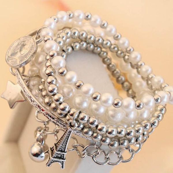 

pcs/set pearl strand charm bracelets for women star coin tower alloy jewelry ladies female gift, Golden;silver