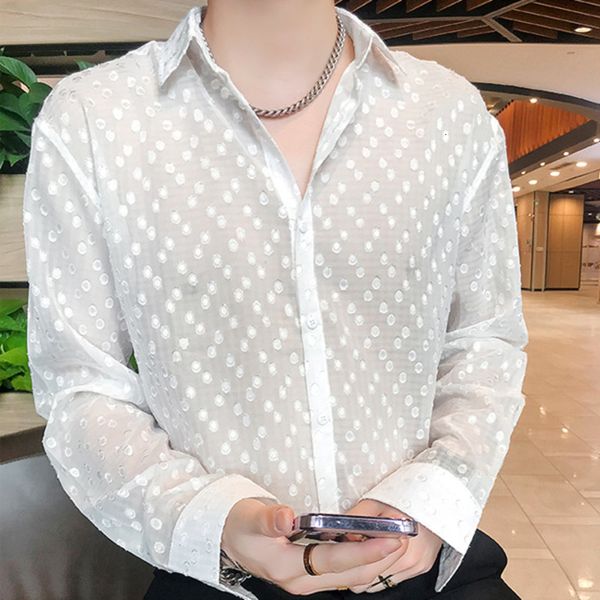 

men's casual shirts men's fine lace shirt, hollow summer with sunscreen, luffy, korean clothing, transparent, White;black