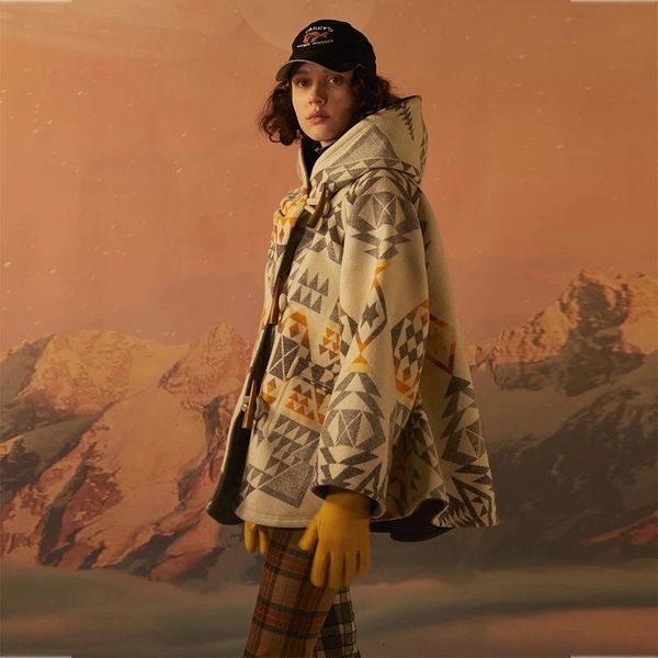 

women's wool & blends geometric print vintage winter coat women elegant cloak short cape 2021 fashion warm outerwear lady jackets, Black