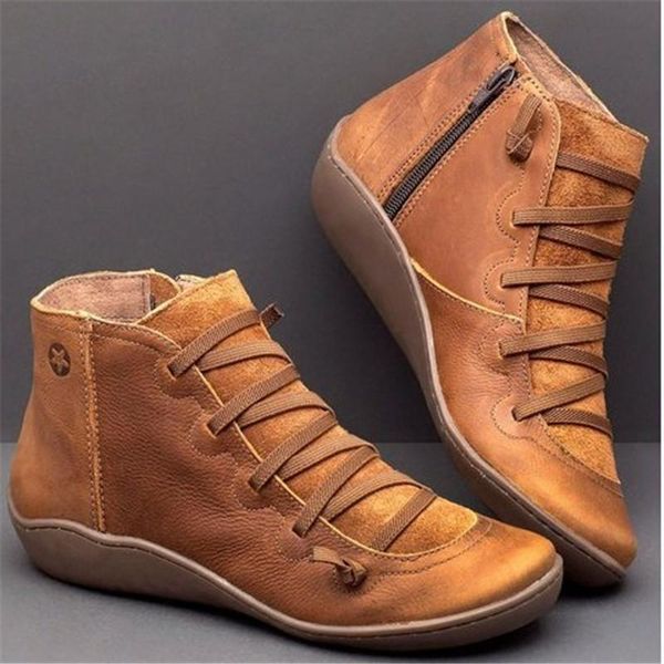 

boots flat ankle for women 2021 spring girl zipper lace-up rubber outsole pu leather female casual shoes plus size 41 42 43, Black